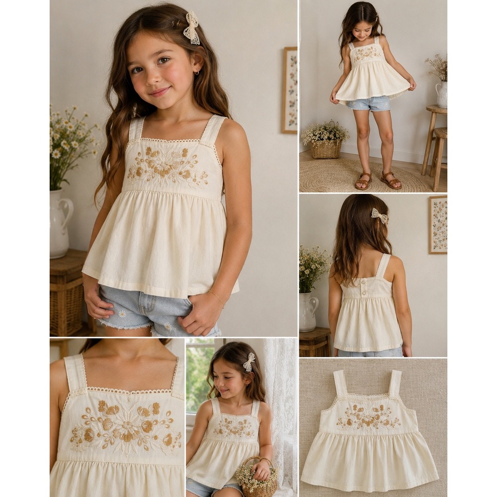 Happily Grey Kids Girls Cream Floral Embroidered Babydoll Top Size M 7/8